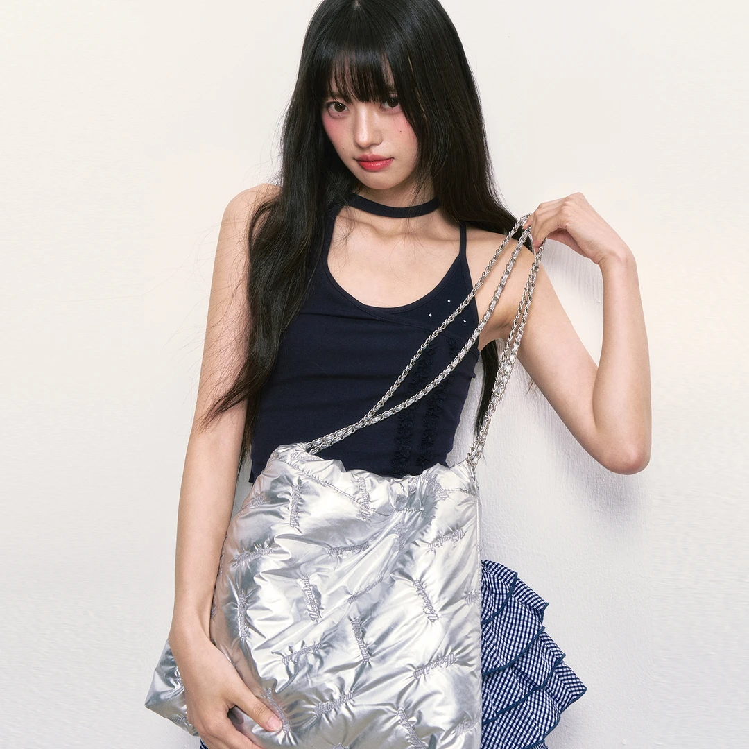 WEEKENDHUB字母刺绣菱形格纹链条包女2025新款轻奢高级感包包通勤