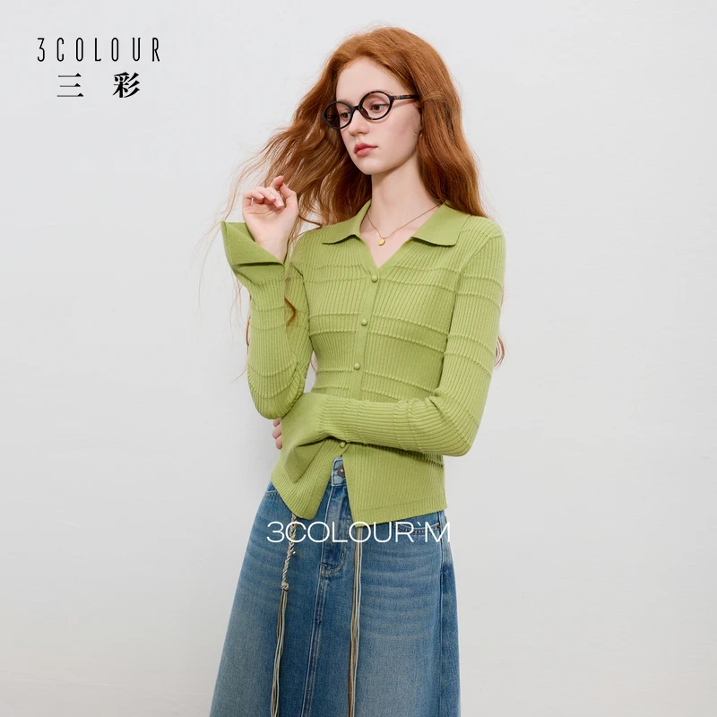 三彩2025秋季新款坑条针织衫POLO领毛衫开叉套头衫上衣修身女M