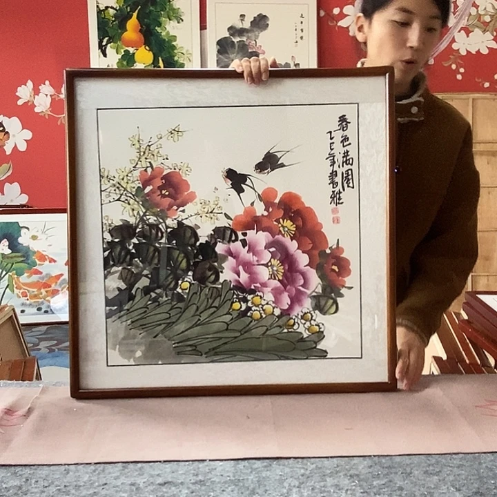 国画手写手绘带框包邮国画作品62✖️62