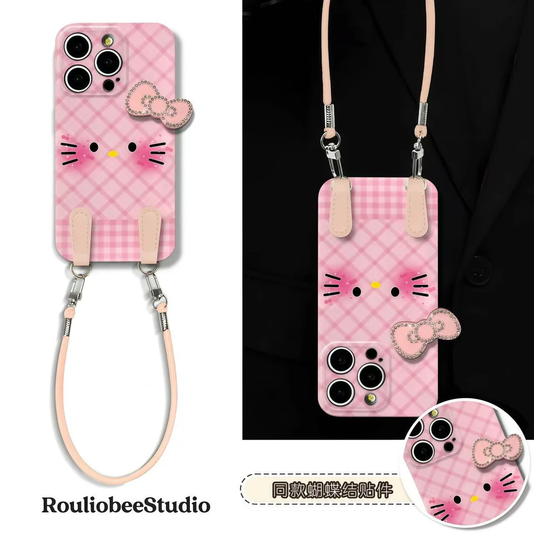 粉格哒kitty贴件挂绳适用苹果17手机壳iPhone16华为vivo小米oppo