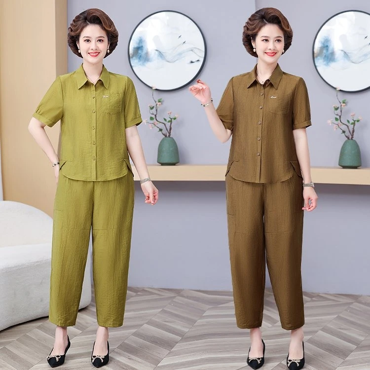 妈妈装夏季短袖衬衫洋气时尚休闲套装纯色翻领大码衬衣裤子两件套