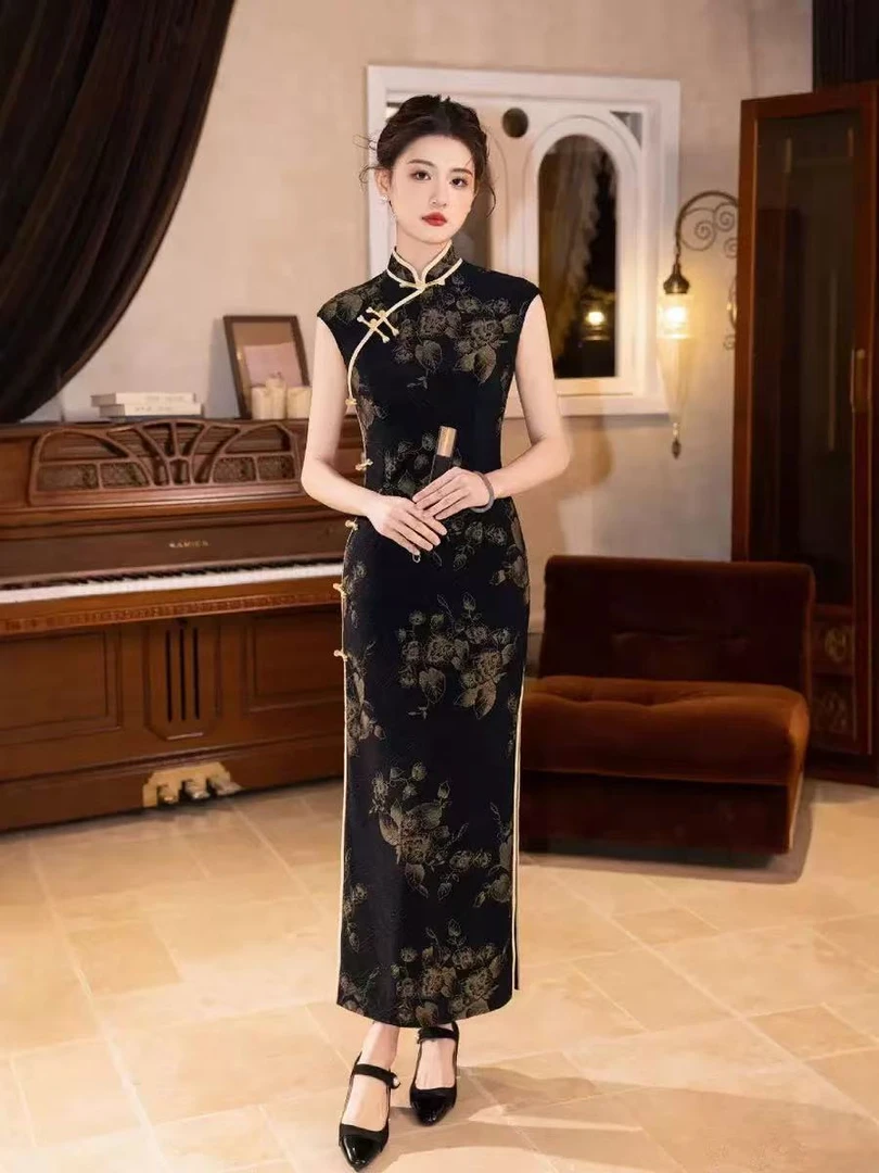 JQZ君黑色复古民国风2025年春季新款月牙袖旗袍新中式改良日常穿