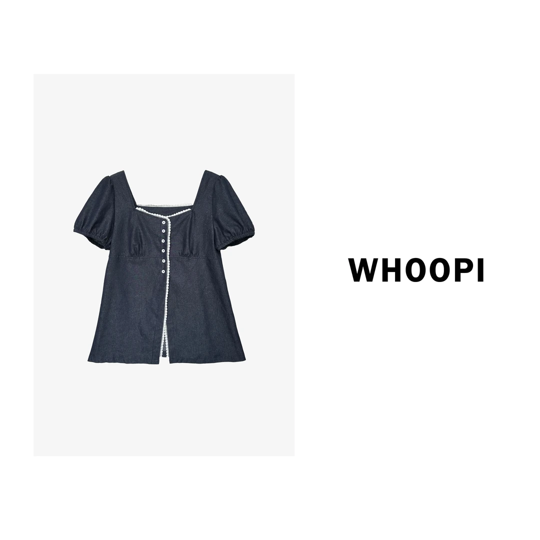 【Whoopi】【首尔蓝调】设计感chic撞色花边仿牛仔方领衬衣