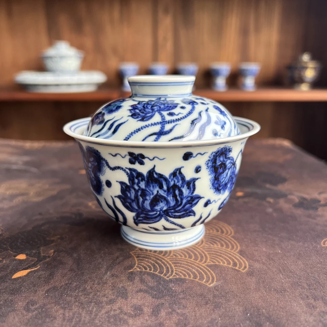 舜瓷天工一品莲花盖碗 纯手工缠枝小盖碗