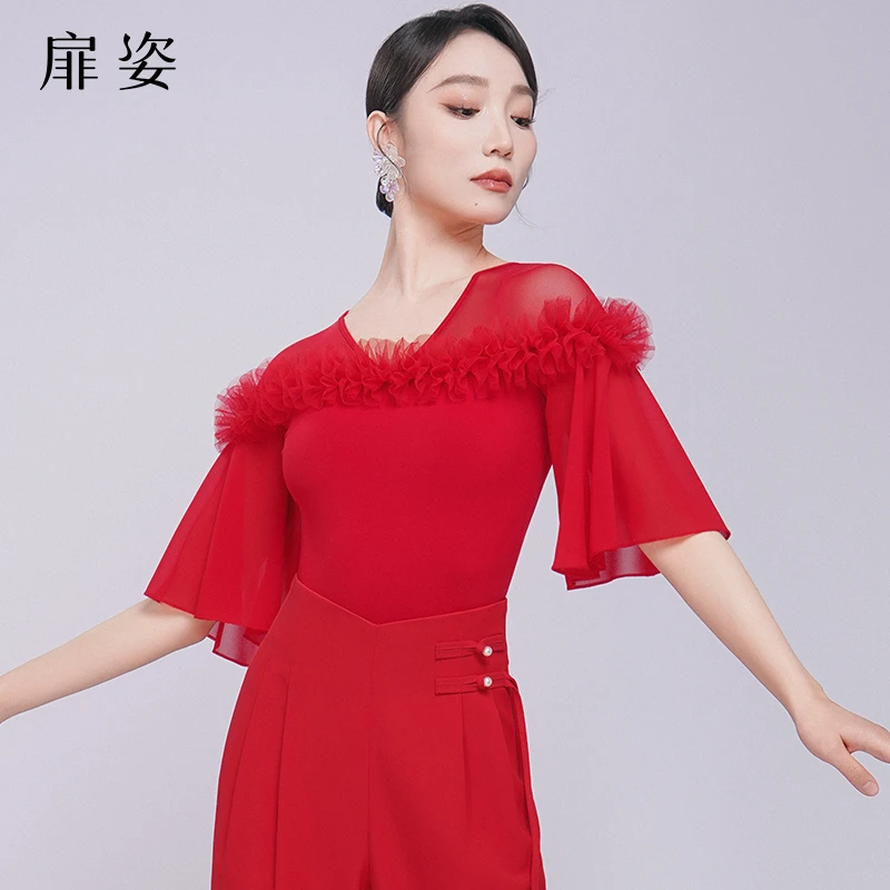 扉姿 摩登舞服女夏季新款红色交谊舞练功服上衣V领连体衣夏F1266