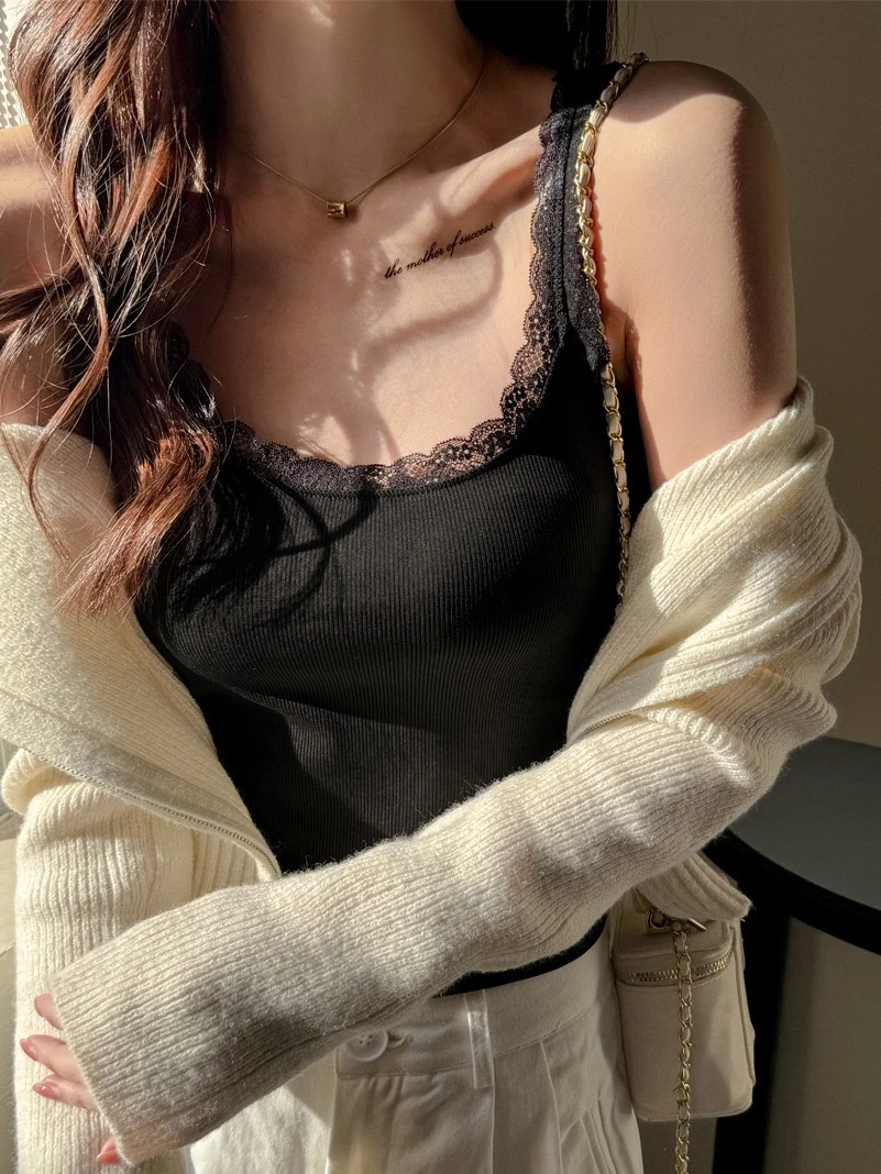 螺纹莫代尔百搭蕾丝打底小吊带背心女内搭性感修身辣妹设计感上衣