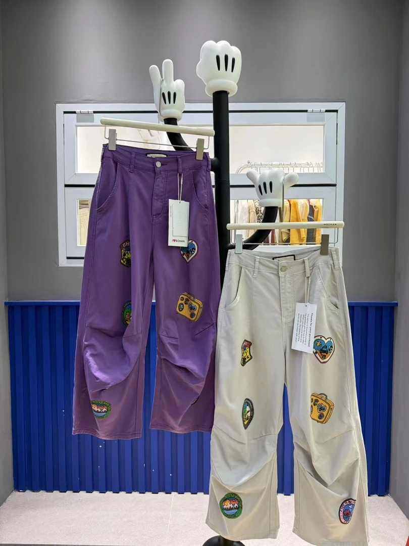 欧洲站BOHAN秀秀2025夏季新品猫咪车车印图褶皱休闲裤潮牌拖地图