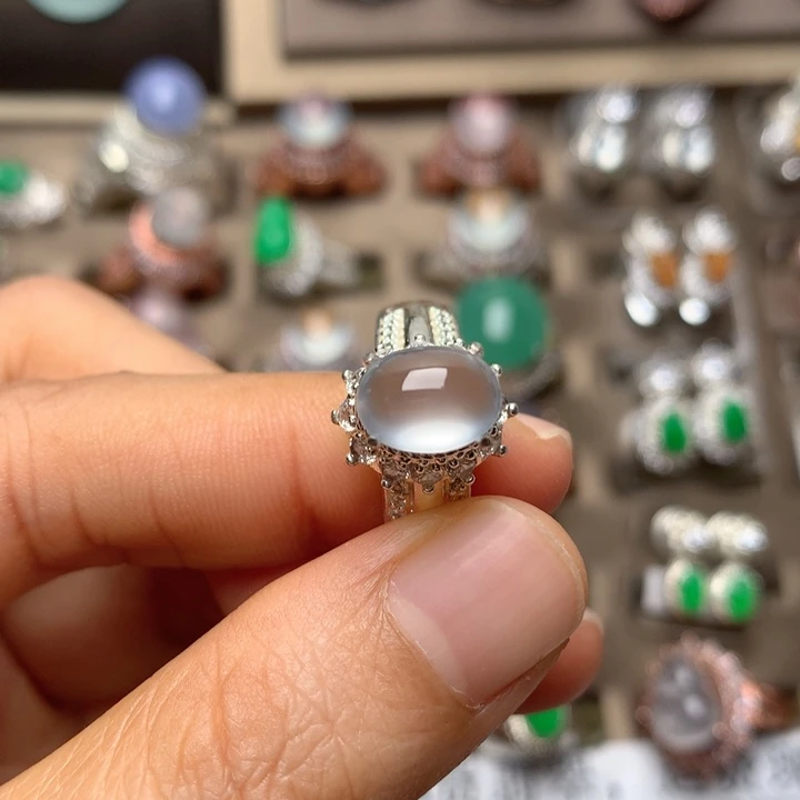 翡翠合金戒指翡翠玻璃种白钢戒面