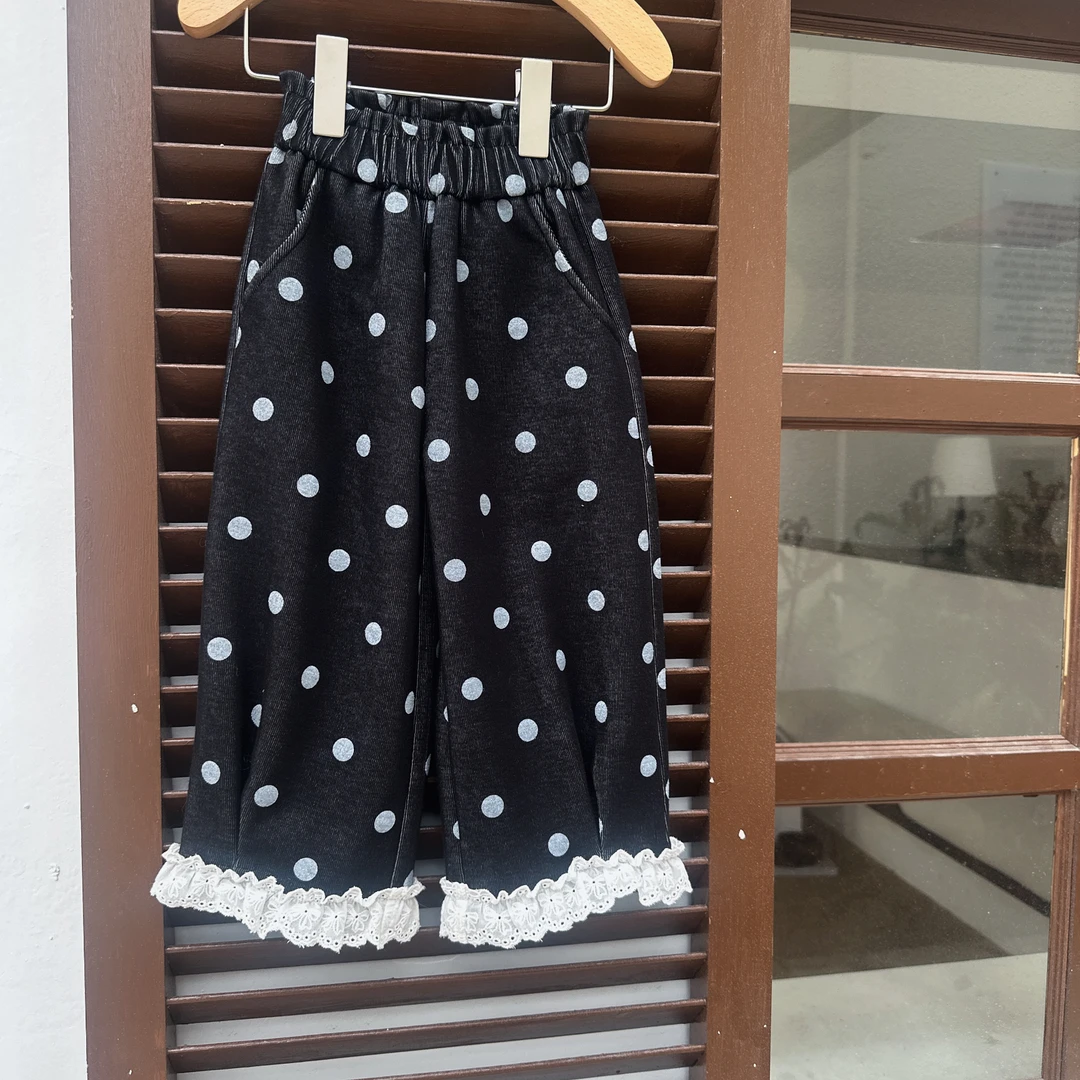 TC.KIDS#63383#福利款2025年女童品牌黑色波点裤子宽松时尚花边