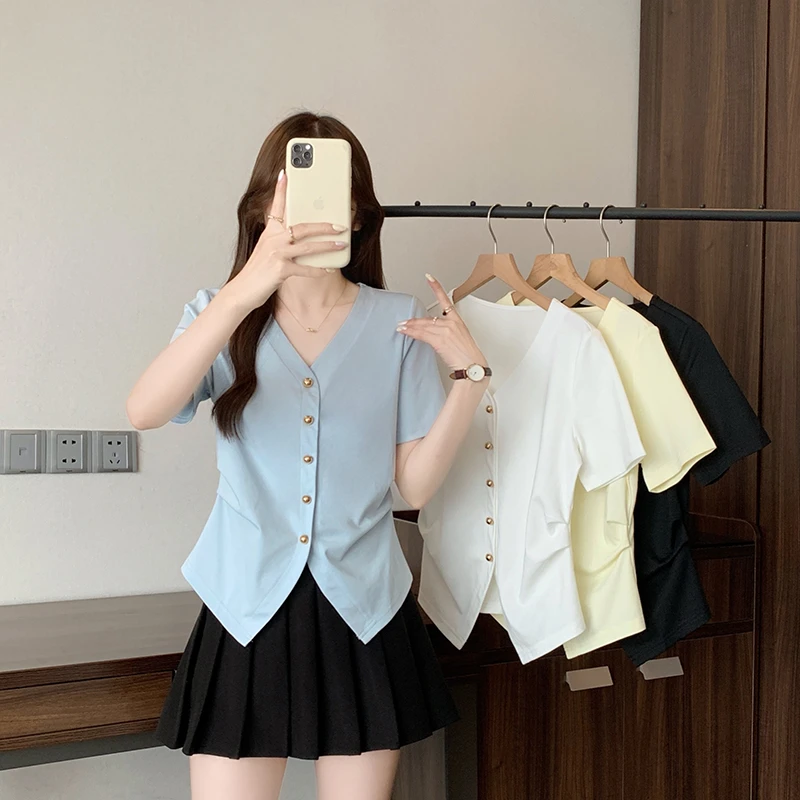 【珺主老师精选】夏装新款胖mm大码女简约休闲v领不规则掐腰短袖T恤