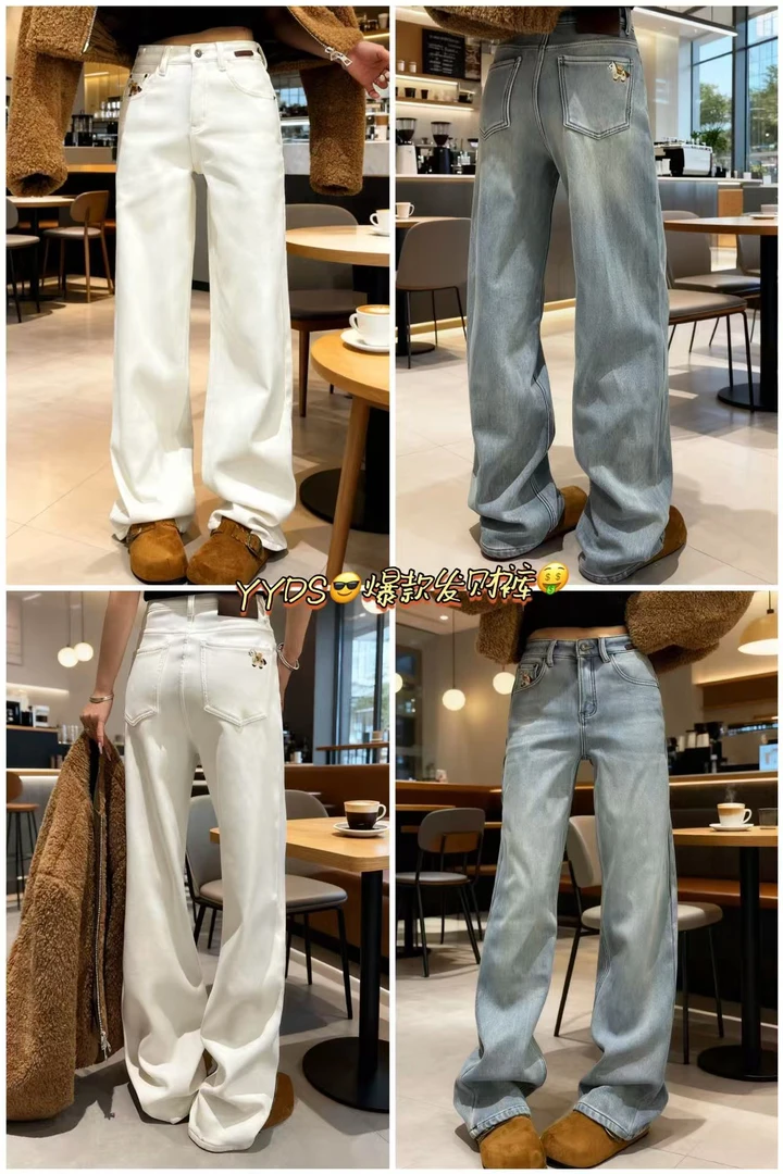 ZOZO-8568-1秋冬新款加绒加厚刺绣休闲减龄百搭牛仔直筒裤