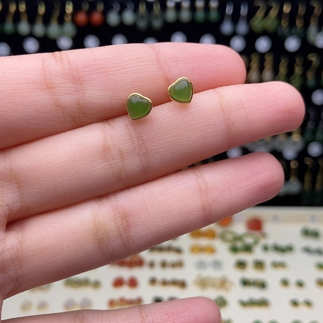 和田玉银S925镀金镶嵌耳饰