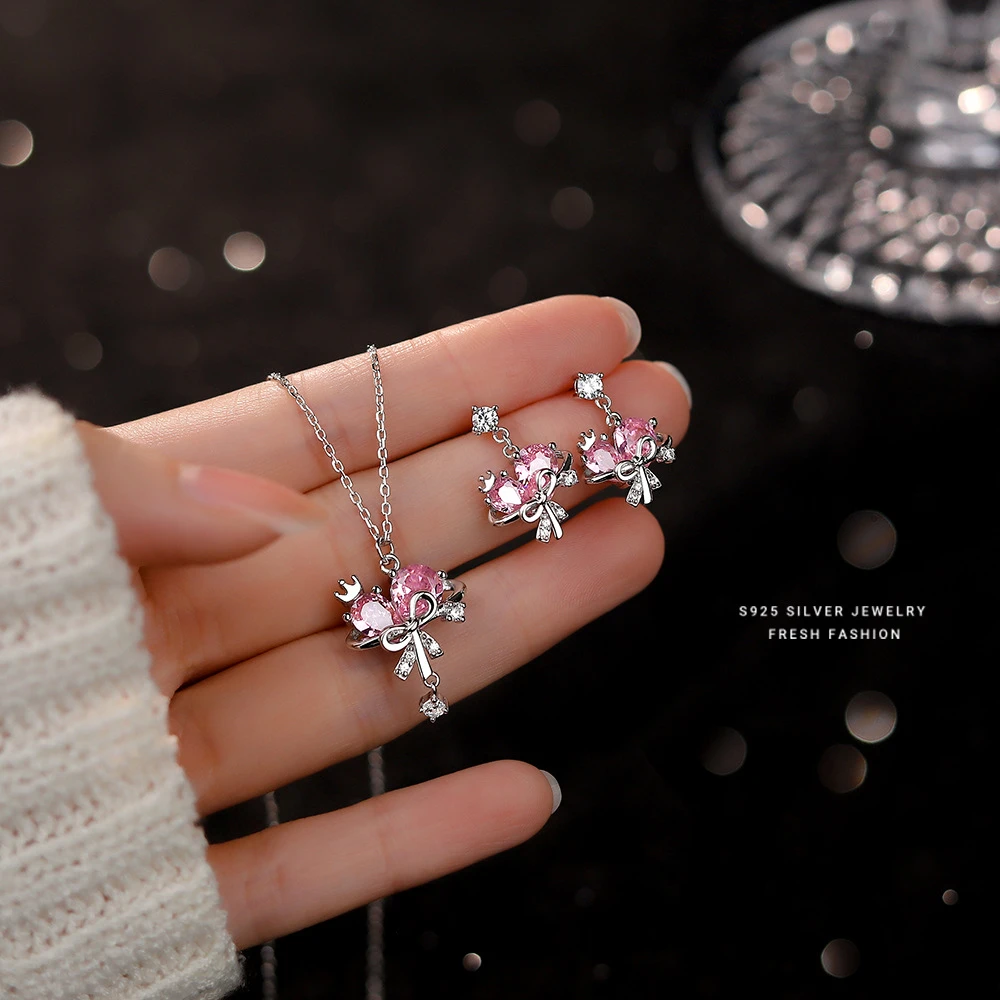 坠链均925银 星球甜心项链女爱心甜美蝴蝶结锆石小众轻奢锁骨链