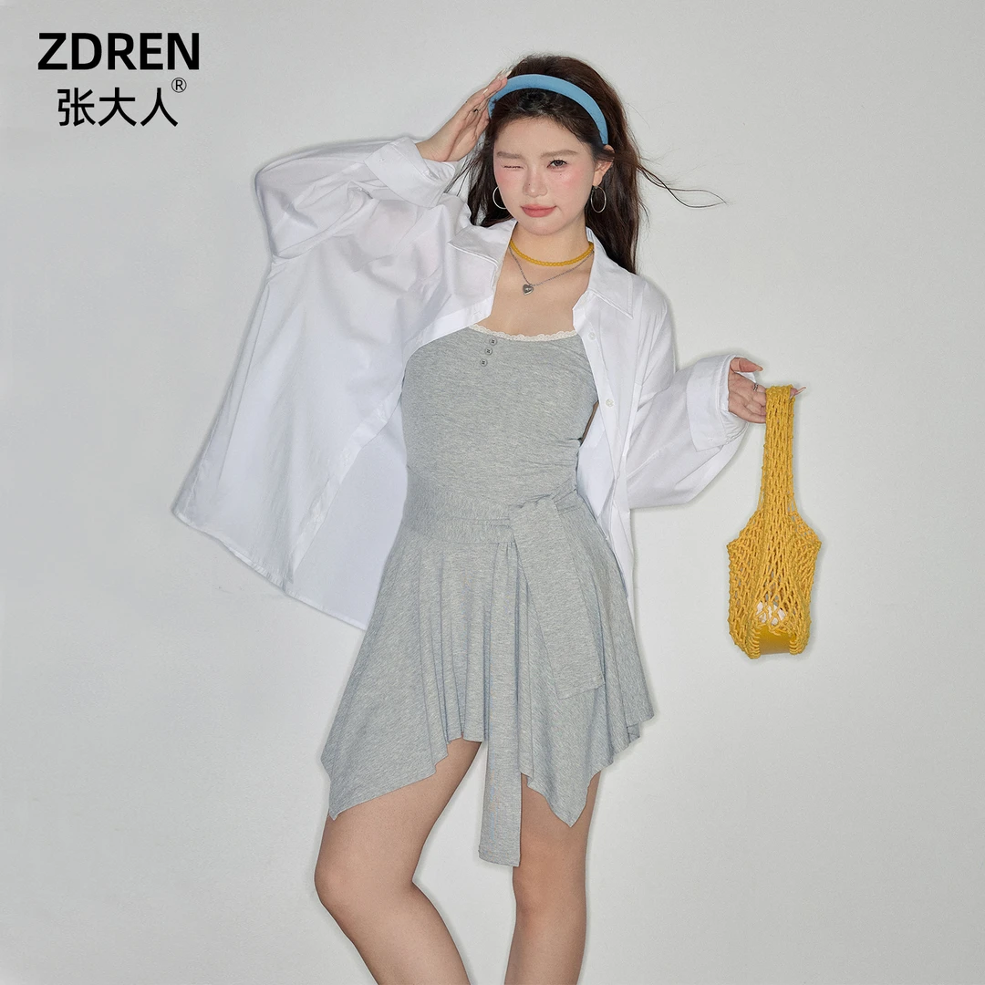 张大人【清酒乐园】大码女装微胖妹妹防晒衬衫显瘦不规则吊带连衣裙