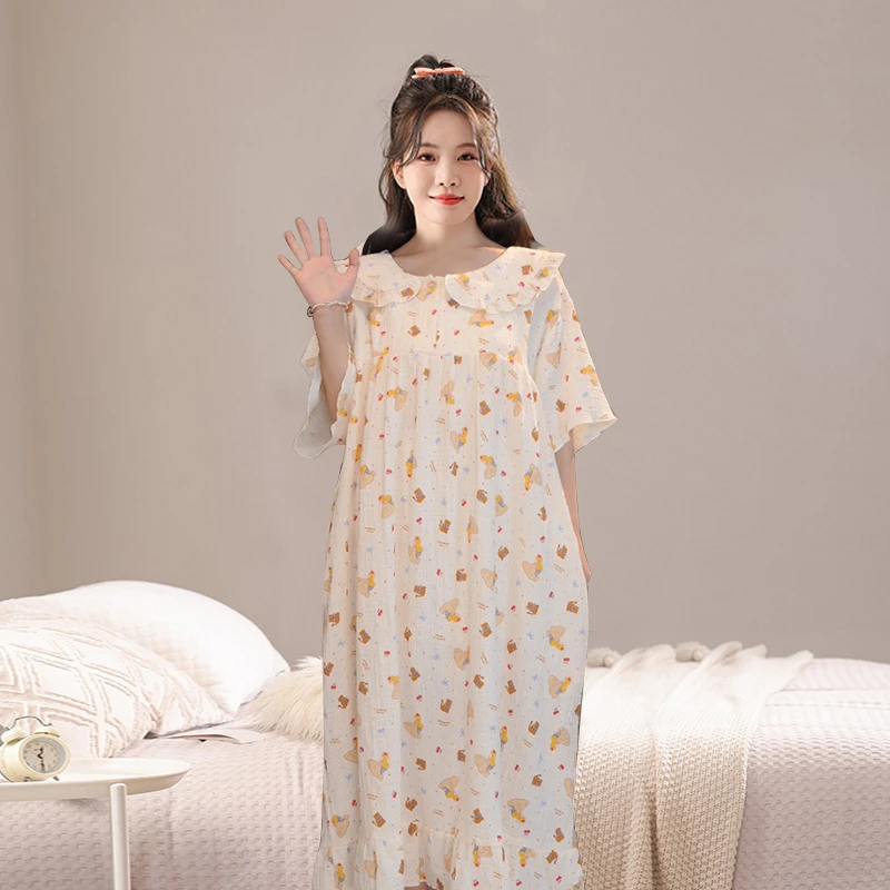 大码薄款纯棉睡裙女士休闲裙卡通印花长裙夏季胖mm娃娃领连衣裙