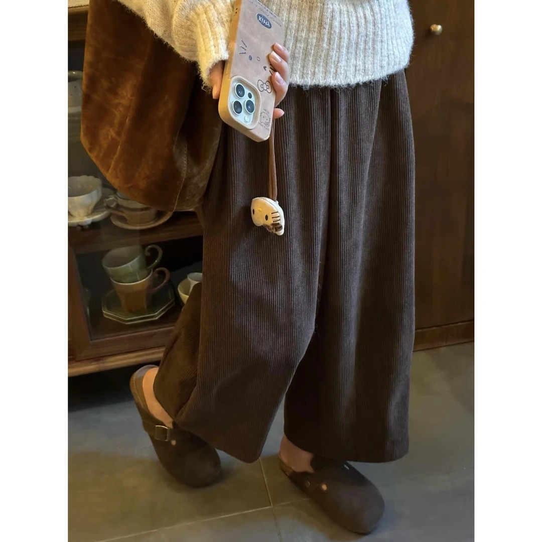 日系覆古灯芯绒裤子女秋冬新款百搭阔腿肥肥裤慵懒风松紧腰休闲裤