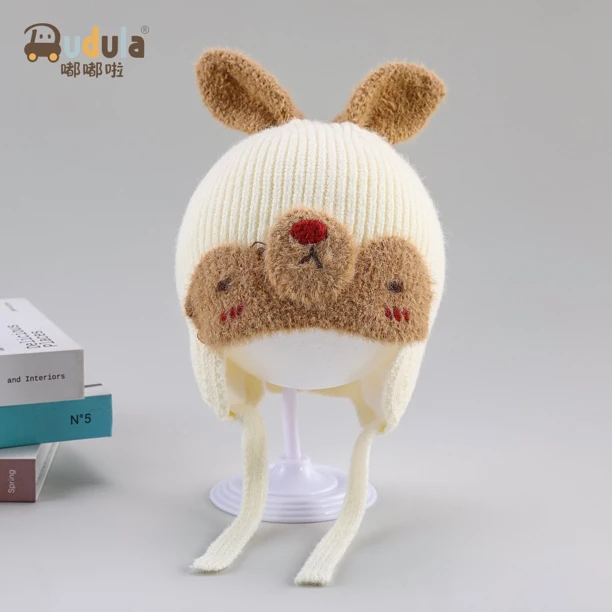 嘟嘟啦3940兔子耳朵卡通刺绣大鼻子男女宝宝时尚保暖针织帽