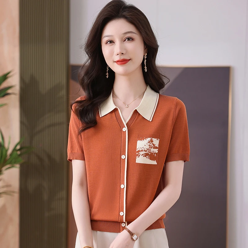 2025新款夏季薄款小方领假开衫时尚减龄加色短袖T恤百搭洋气女791