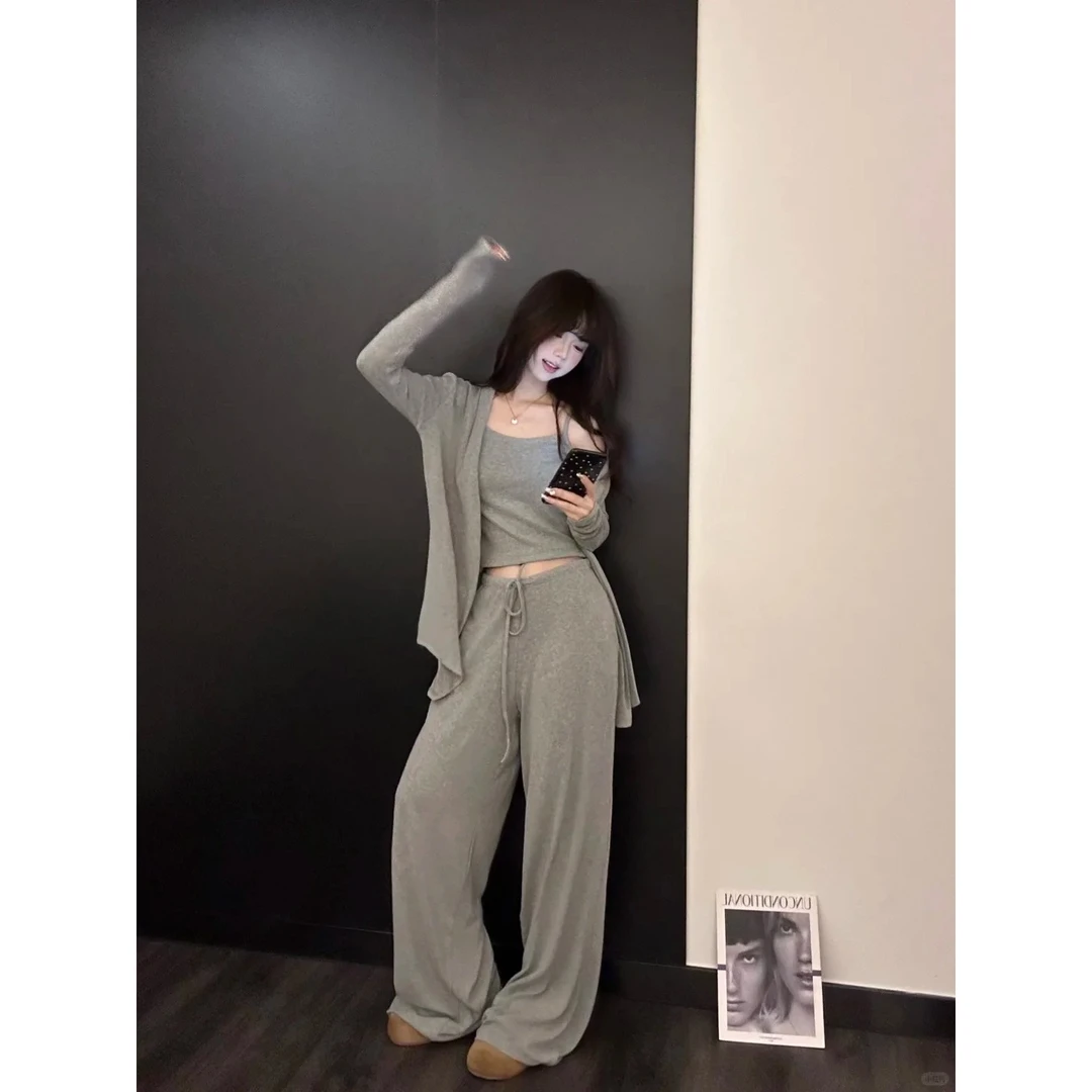 2025新款纯欲百搭灰色针织背心开衫休闲裤睡衣女慵懒可外穿三件套