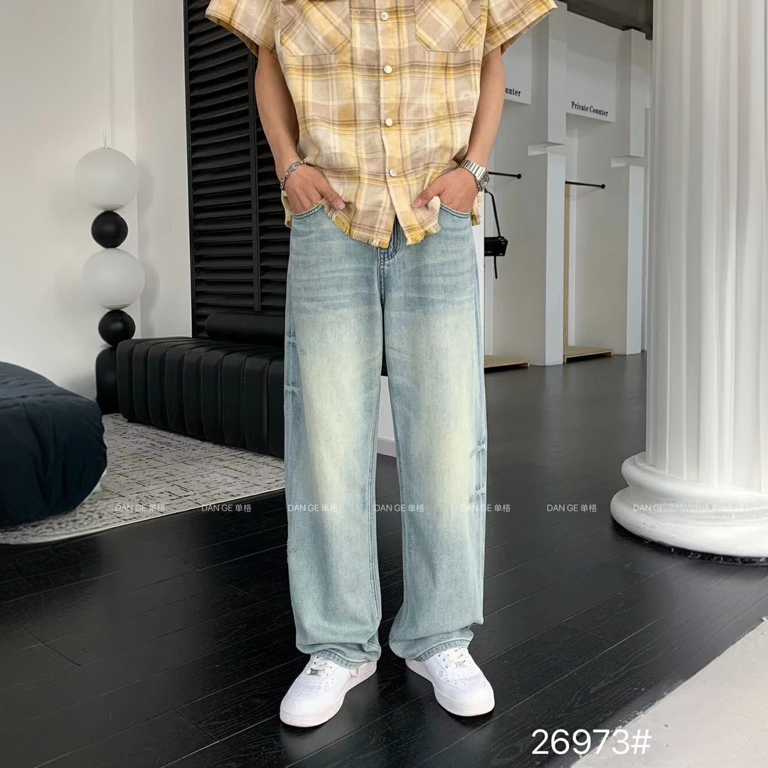 韩酷理KULLI式中腰男阔腿纽扣水洗牛仔裤渐变扎染男士薄款破洞裤