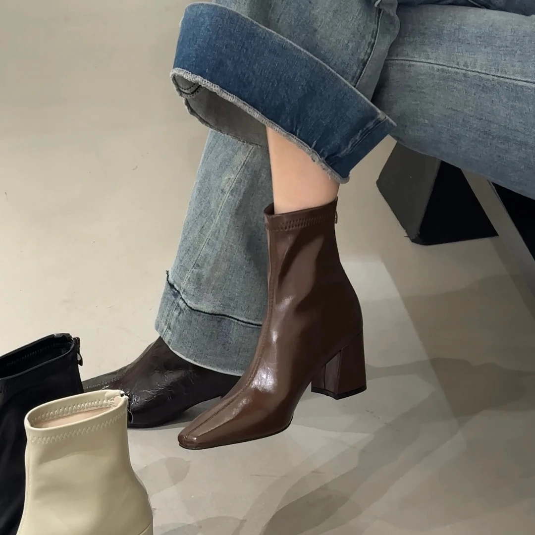 法式真皮高跟瘦瘦靴方头百搭气质通勤短靴子显瘦小裸靴女