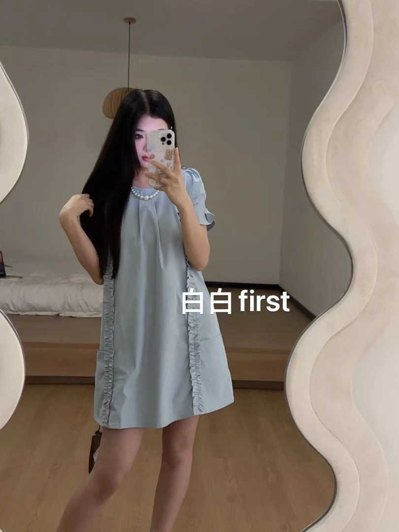 《白白first》泡泡短袖连衣裙女夏季薄款韩系减龄气质显瘦休闲短裙