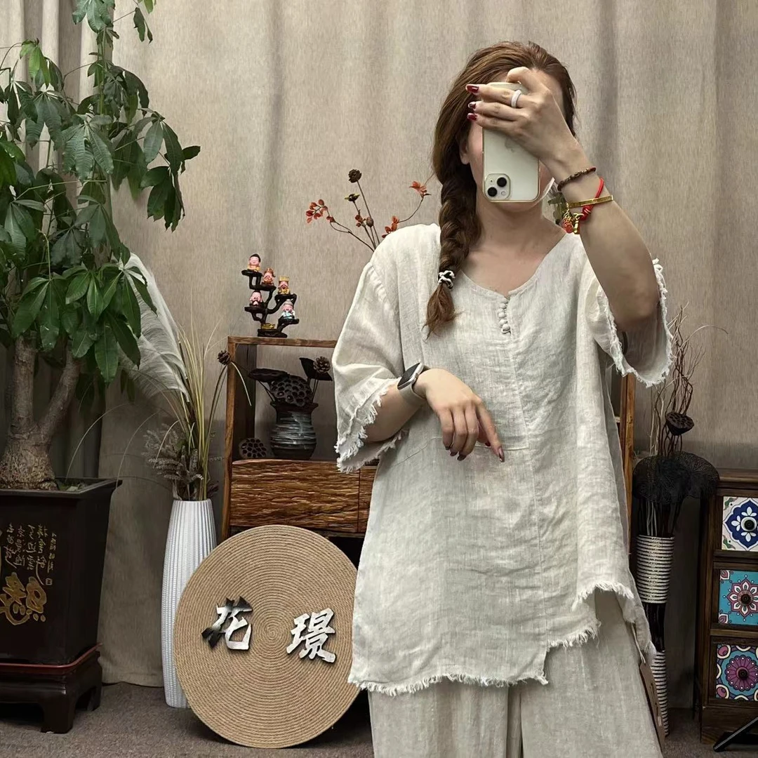花璟与麻原创设计款鸡心领多纽扣拼接小衫（衣长66胸围130）