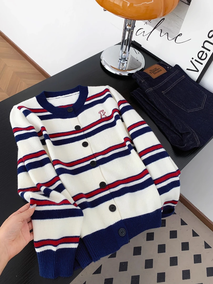 韩系秋冬复古慵懒小狗刺绣毛衣学院风撞色条纹针织开衫女外套上衣