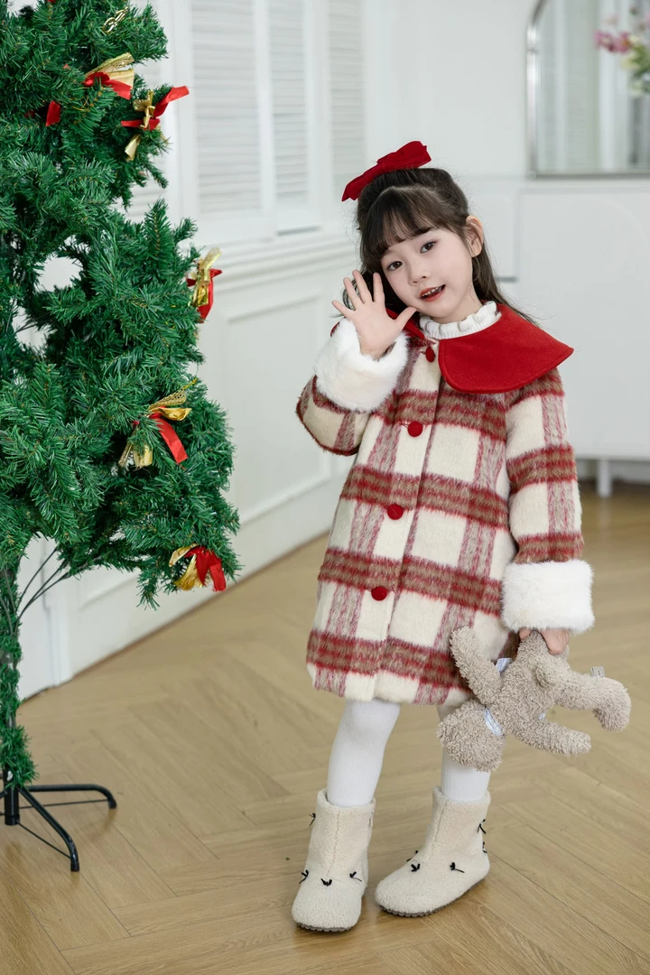 安可拉红毛呢羽绒服女宝格子外套洋气加绒加厚保暖韩版冬季小众