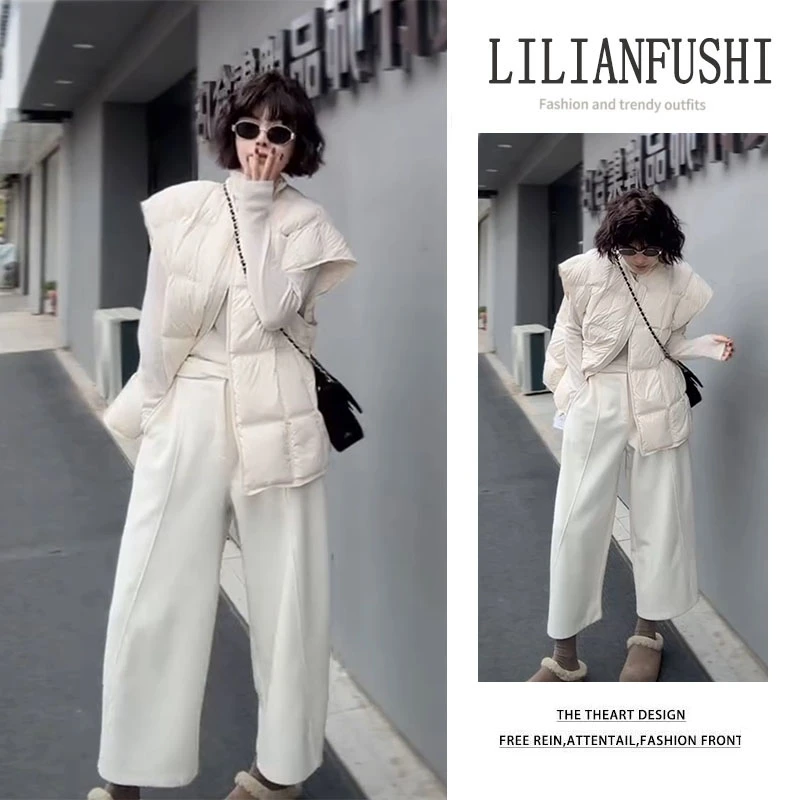 秋冬搭2025新款百搭宽松纯色马甲外套长袖打底衫显瘦阔腿裤三件套