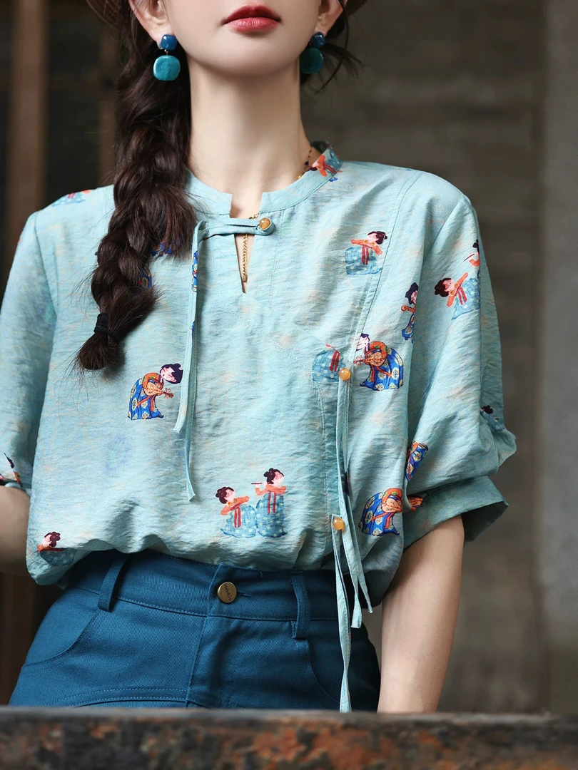 【652】复古民族风印花短袖衬衫女夏宽松休闲新中式上衣