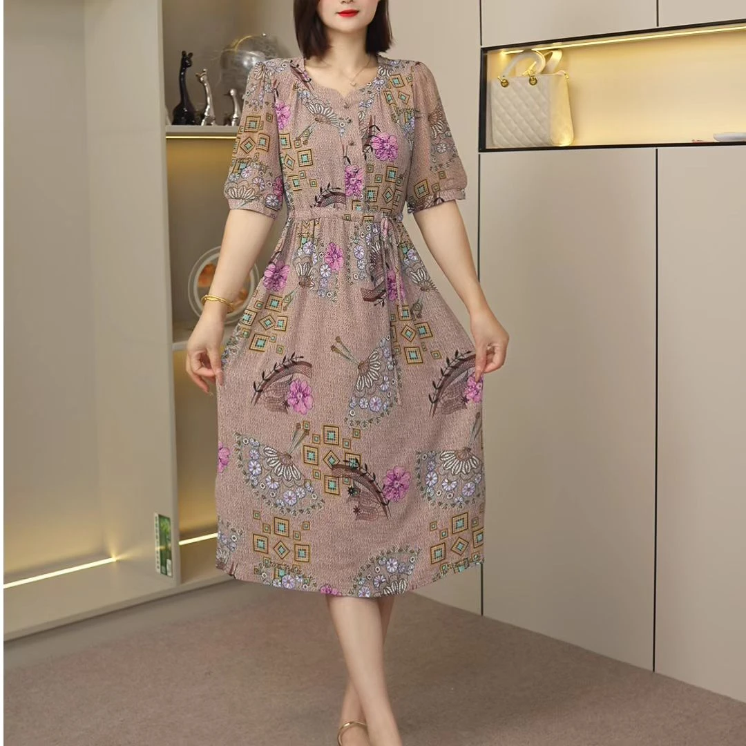 10271-气质妈妈装连衣裙夏季新款时尚领收腰显瘦裙子【G仓】