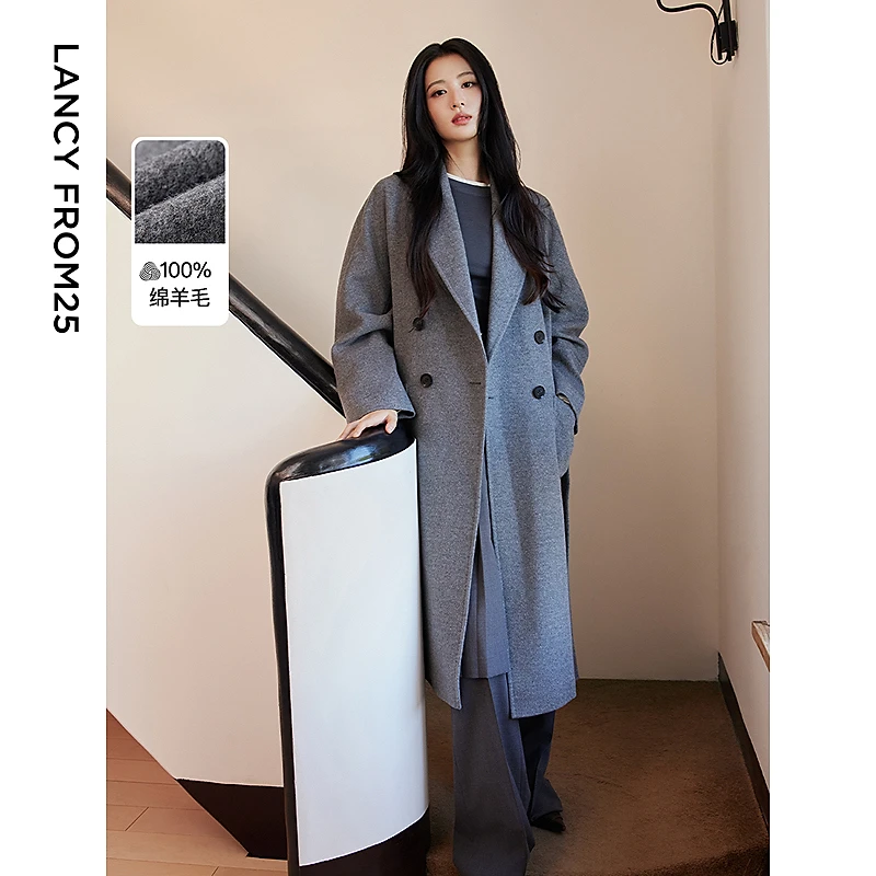 【王楚然同款】朗姿纯羊毛高级感呢大衣长款女2024冬新款毛呢外套