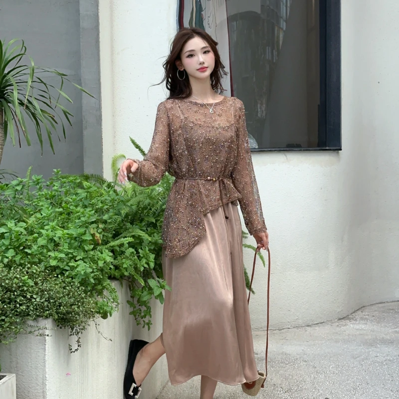 长袖时尚套装裙女2025年春秋季亮片慵懒风镂空针织衫吊带裙两件套
