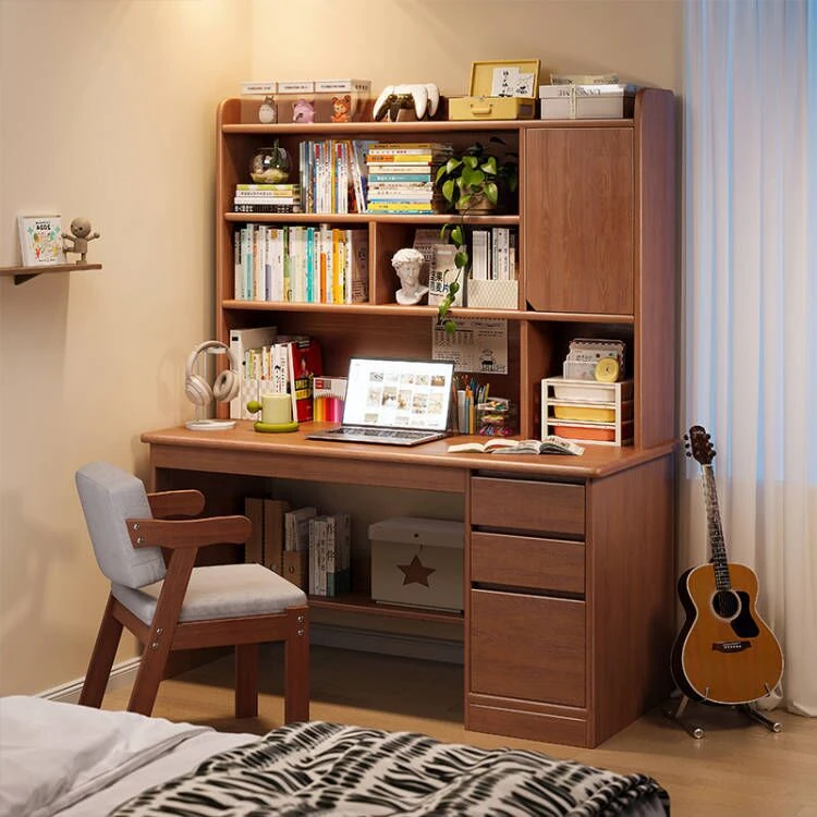 实木书桌学生家用学习写字桌卧室书架一体桌子书柜抽屉成人电脑桌