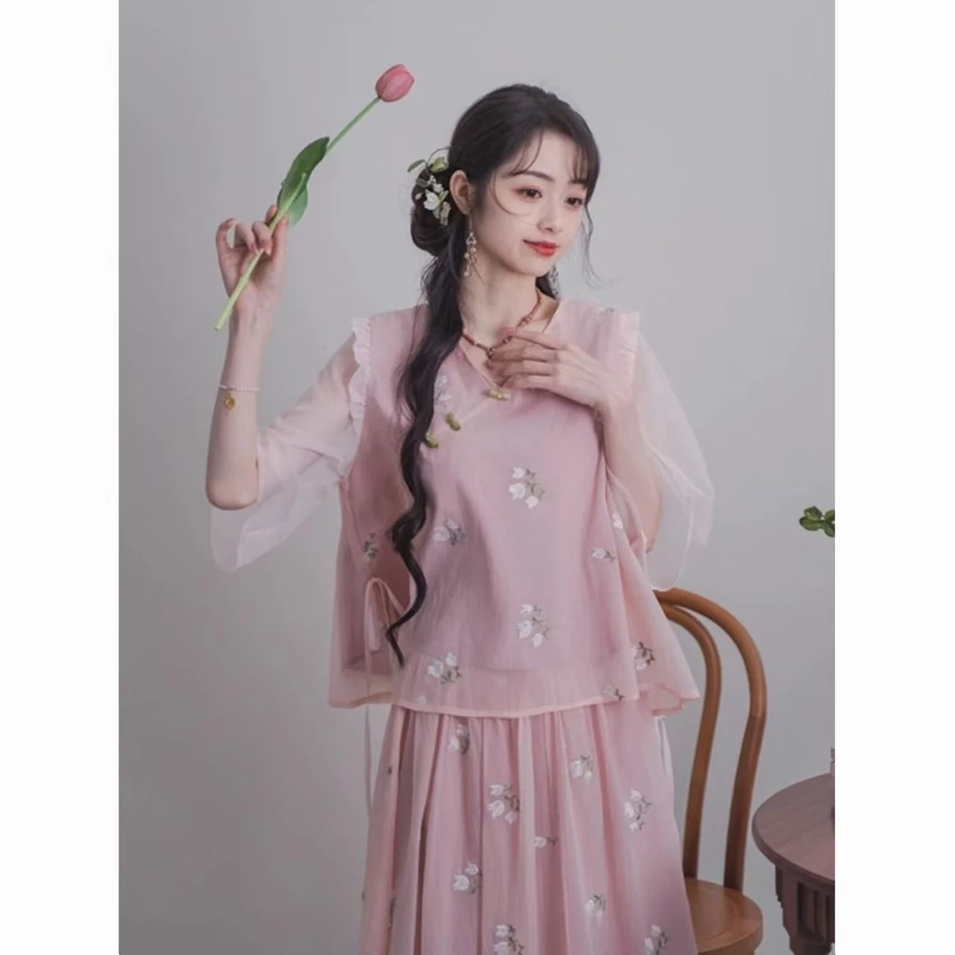 夏季新款2025年穿搭一整套仙女粉色上衣禅意气质半身裙国风两件套