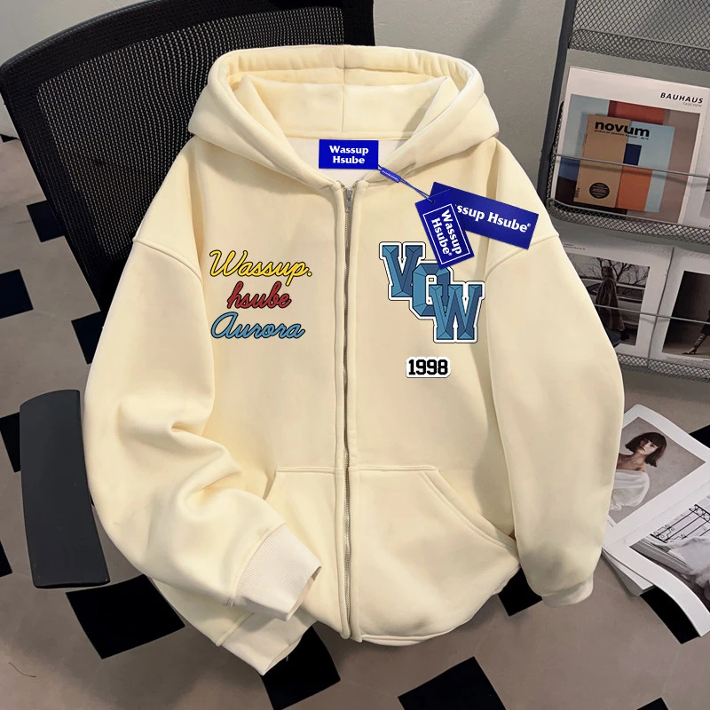 WASSUP HSUBE设计感美式潮流开衫连帽卫衣外套男士重磅青少年上衣
