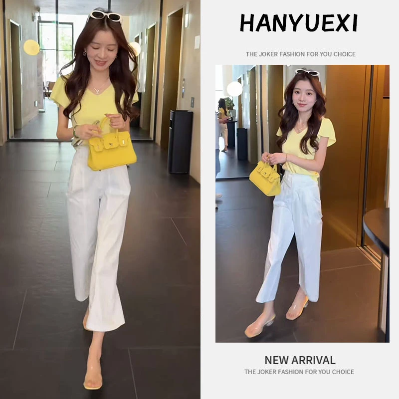 今年流行穿搭一整套2025新款短款正肩短袖上衣休闲直筒裤减龄套装