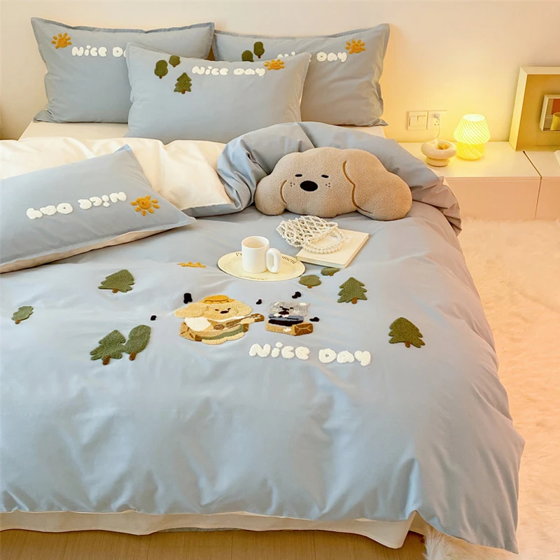 水星高端系列家纺学生宿舍卡通全棉磨毛儿童四件组纯棉被套1.35床