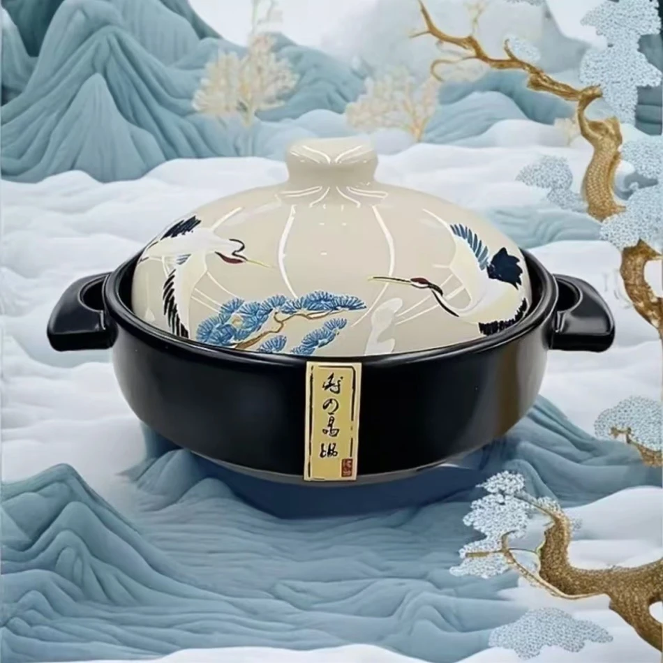 S新款3.8L手绘仙鹤砂锅家用煲汤炖粥浅锅双耳防烫大容量耐高温