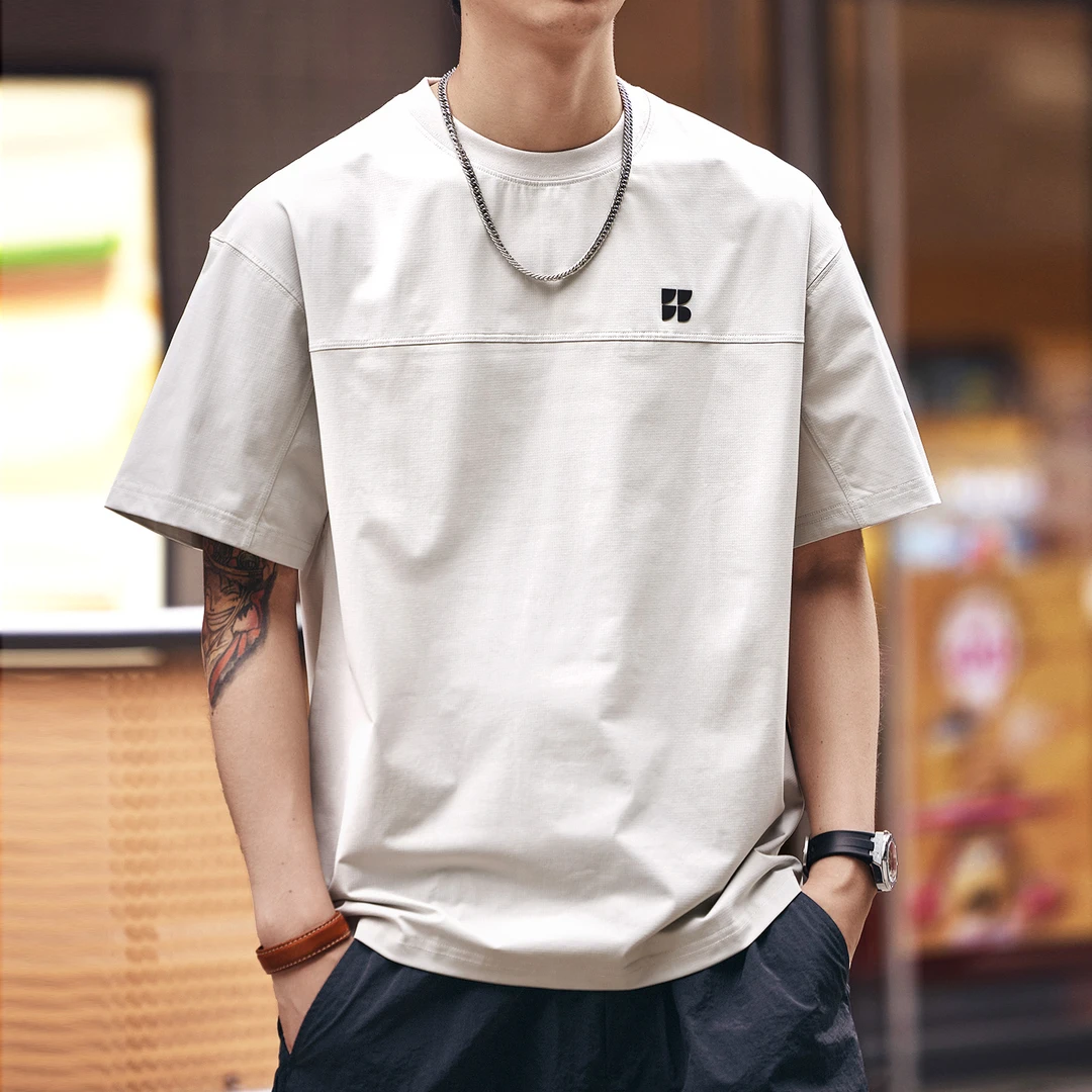 格蓝鹿高端日系拼接薄款短袖T恤男夏季宽松凉感圆领半袖上衣男装