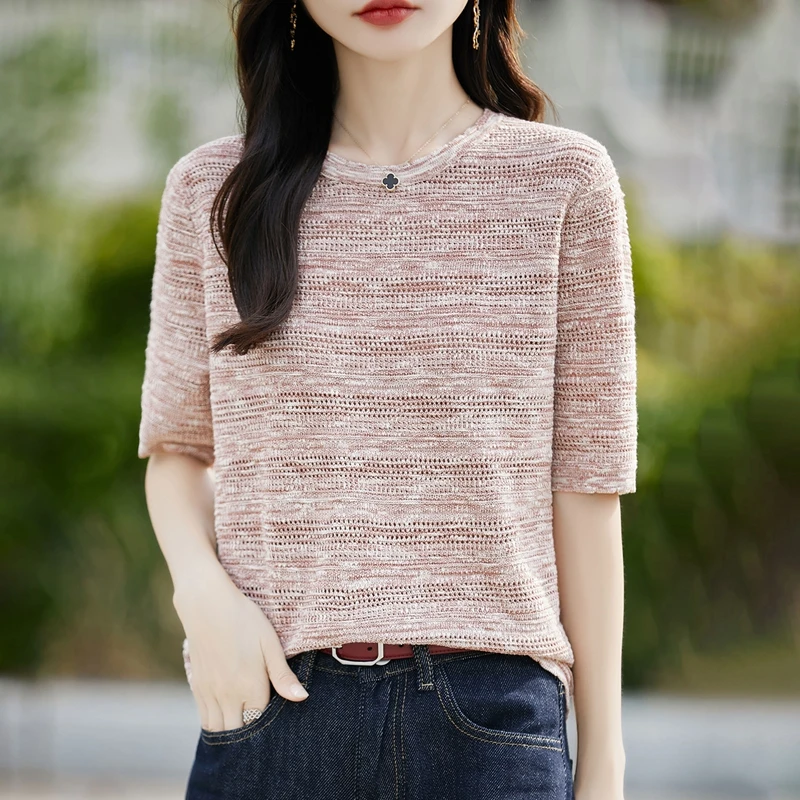时尚品牌女装夏季新款简约圆领花纱镂空短袖气质通勤显瘦针织衫