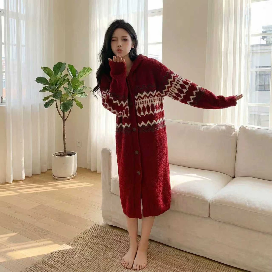 莫里伊【红色费尔岛睡裙】小众时尚设计休闲可外穿保暖睡衣家居服
