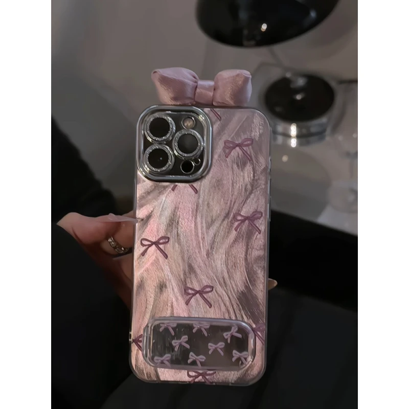 丝带蝴蝶结适用苹果16创意手机壳iPhone15pro银色精孔羽纱华为p70