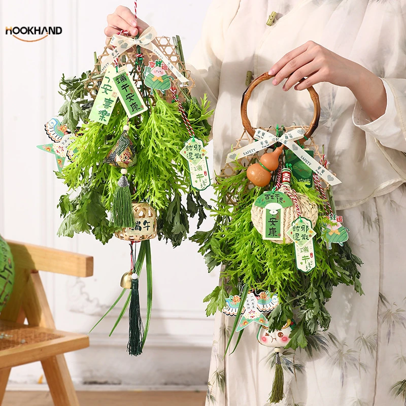 端午节艾草挂件竹编花环门挂铃铛灯笼diy手工香包挂饰客厅装饰
