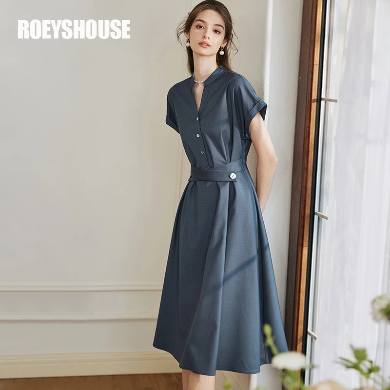 【RH】罗衣时尚通勤深蓝色连衣裙女2025夏季优雅系带大摆裙子10222