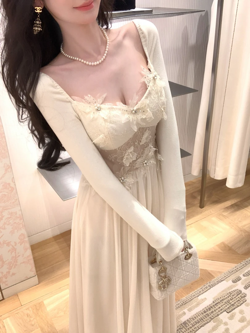 【雅乔定制】雪吻 加绒钉珠蕾丝针织网纱长袖连衣裙DYYY-250851098