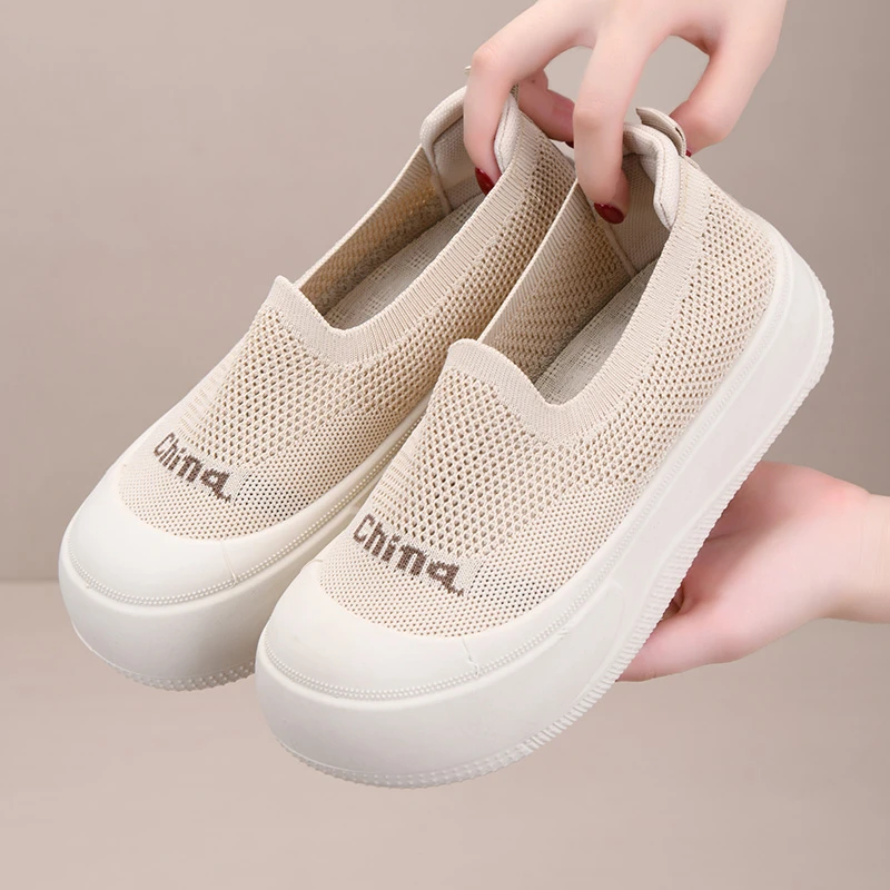 厚底飞织休闲女鞋2025夏季新款增高一脚蹬飞织舒适透气女士妈妈鞋