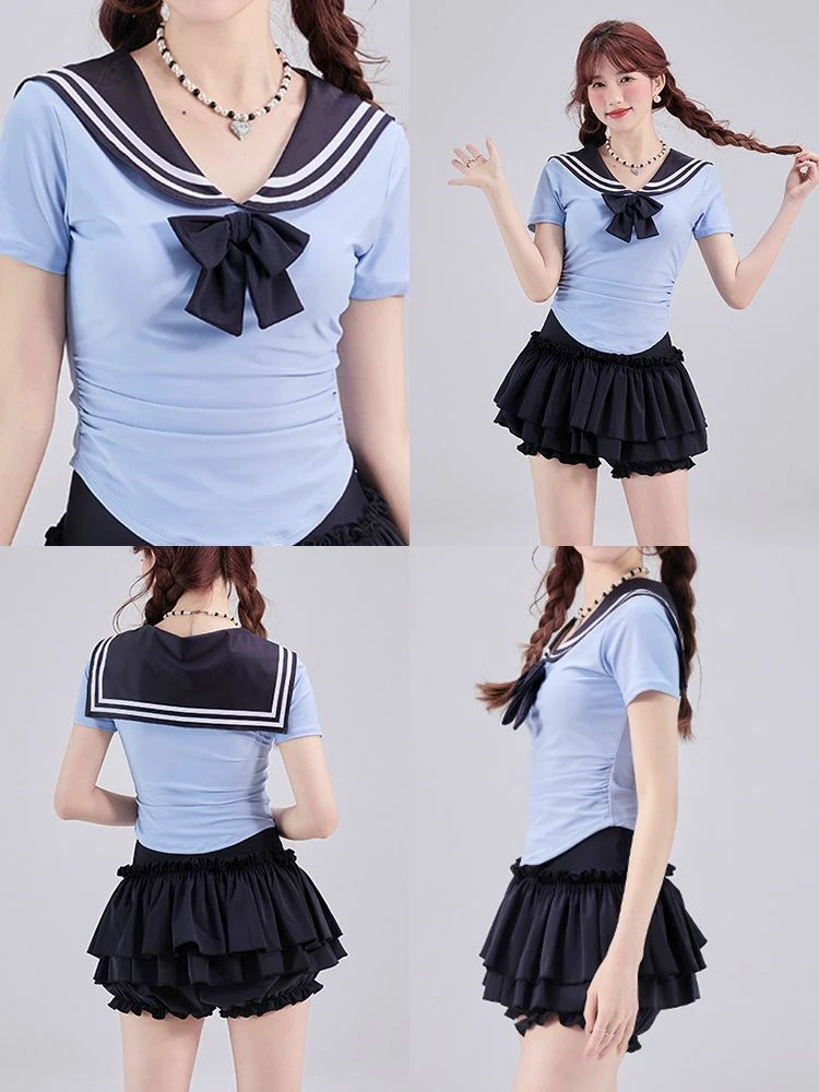 海军风分体裙式少女泳衣可爱JK制服风保守学生游泳装