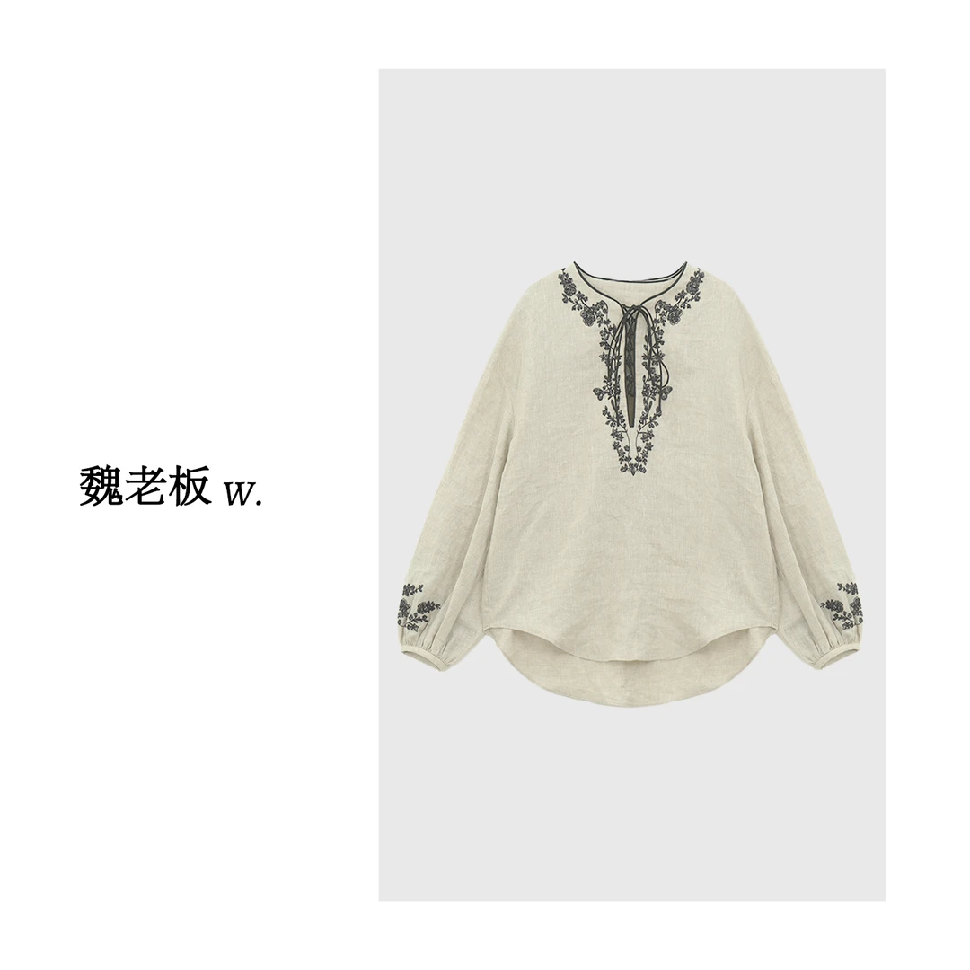 W.Diva【露华】100亚麻钉珠刺绣夏季度假风系带长袖衬衫女51S191547